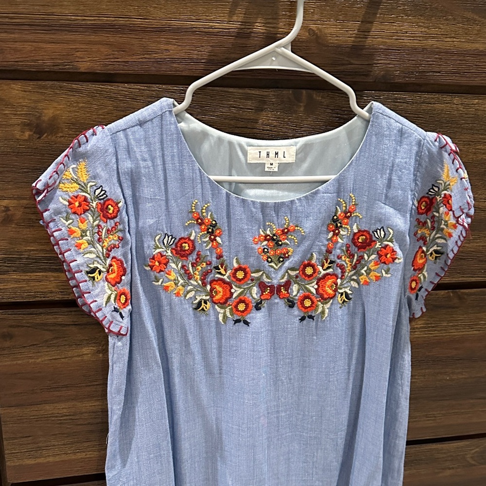 THML Light Blue Dress with Red and Orange Embroidery